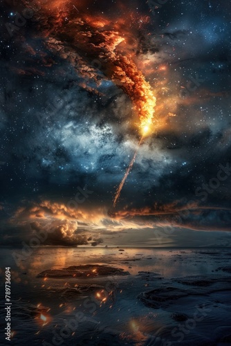 Burning comets and meteors streak across the sky  hurtling towards the Earth with fiery intensity  illuminating the darkness