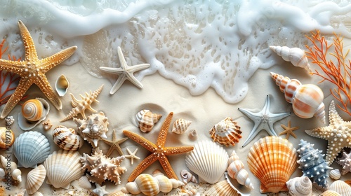 Creative layout made of white flowers and seashells on white background © Katsiaryna