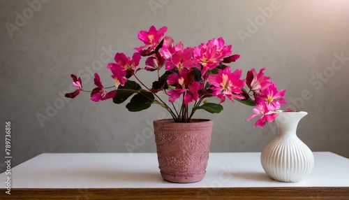 Wallpaper Mural magenta houseplant with pink petals is in a flowerpot on the table, next to a rectangleshaped vase holding a bouquet of flowers Torontodigital.ca