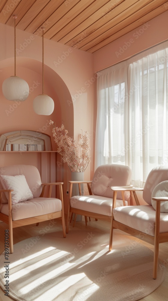 Photographs a therapists office designed with soft pink hues, creating a calming and supportive space for patients dealing with mental health issues