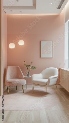 Photographs a therapists office designed with soft pink hues  creating a calming and supportive space for patients dealing with mental health issues