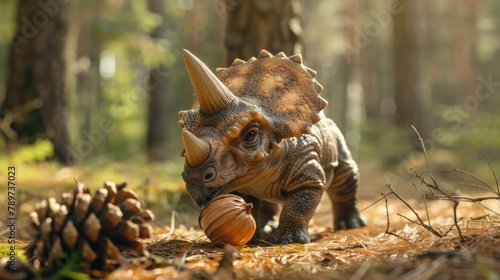 A small triceratops puppy playing fetch with a pine cone in a forest © 220 AI Studio