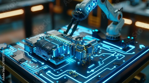 Showcases a detailed setup of a robotic arm controlled by AI, with electric blue circuits that visually represent the complex data flows and decisionmaking processes of the machine photo