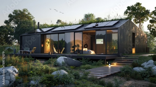 Eco-friendly tech house with integrated solar panels and geothermal heating © 220 AI Studio