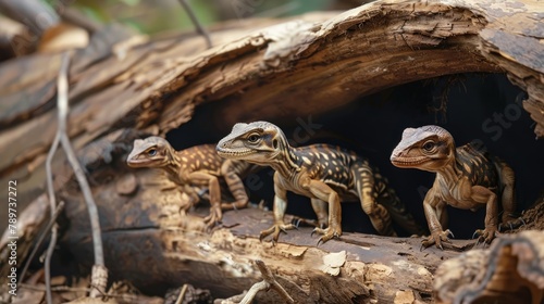 Velociraptor puppies exploring a hollow log with curiosity © 220 AI Studio