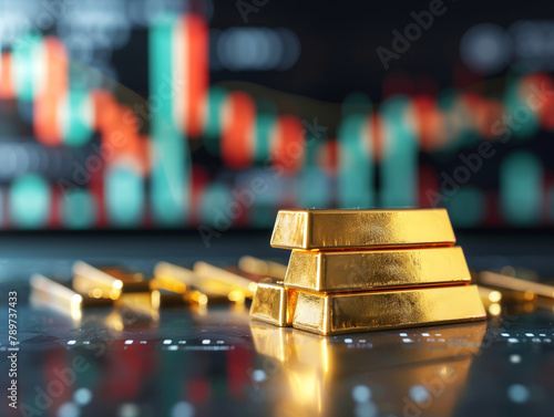 Stack of golden bars against a blurred stock market chart, encapsulating the concept of wealth, investment, and financial security.