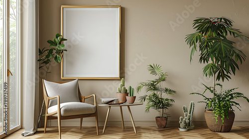 Retro interior design of living room with stylish vintage chair and table, plants, cacti, personal accessories and gold mock up poster frame on the beige wall, Elegant home decor, Template,  photo