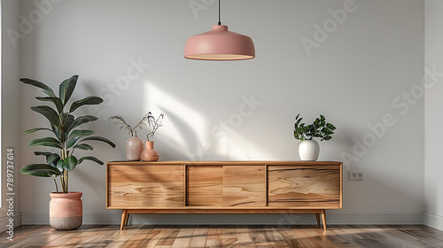 Retro pink ceiling lamp above a wooden sideboard in a modern living room interior with an empty white wall and copy space, Place for your sofa © Wardx