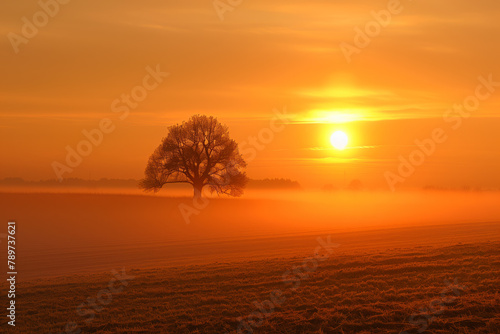 Sunrise over an open field with misty fog and a lone tree silhouette in the background, serene and peaceful atmosphere, orange sky