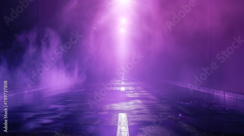 Purple dark background of empty foggy street with wet asphalt  illuminated by a searchlight  laser beams  smoke