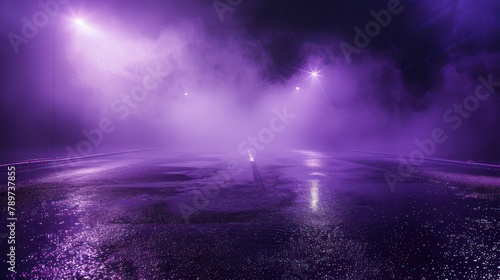 Purple dark background of empty foggy street with wet asphalt  illuminated by a searchlight  laser beams  smoke