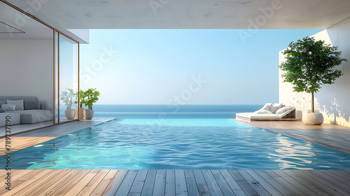 Sea view empty large living room of luxury summer beach house with swimming pool near wooden terrace  Big white wall background in vacation home or holiday villa  Hotel interior 3d illustration