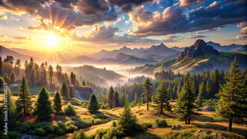 Sunrise view in pine forest on the mountain, nature wallpaper. Generative ai #789738029