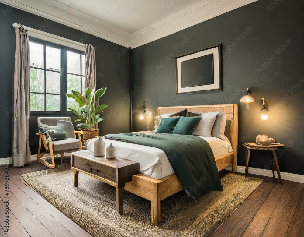 Experience ultimate comfort in a bedroom with a solid wood bed frame on hardwood flooring, accompanied by a chair, nightstand, and striking black walls creating a cozy sanctuary Experience ultimate comfort in a bedroom with a solid wood bed frame on hardwood flooring, accompanied by a chair, nightstand, and striking black walls creating a cozy sanctuary