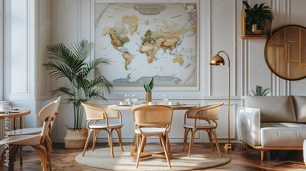 Stylish and eclectic dining room interior with mock up poster map, sharing table design chairs, gold pedant lamp and elegant sofa in second space, White walls, wooden parquet, Tropical leafs in vase