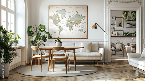 Stylish and eclectic dining room interior with mock up poster map, sharing table design chairs, gold pedant lamp and elegant sofa in second space, White walls, wooden parquet, Tropical leafs in vase