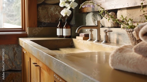 Switching gears the fourth image features a bathroom with a more rustic earthy feel. The polished concrete countertops add an unexpected touch to the warm wood tones and natural stone .