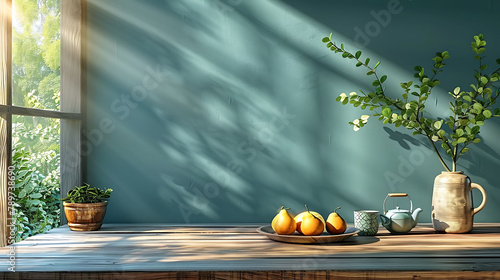 Stylish and minimalistic dining room interior with wooden table, teapot with cups, fruit tray and elegant accessories, Eucalyptus color, Ready to use, Template, Modern home decor, Copy space