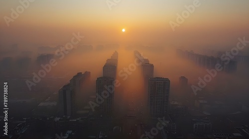 Hazy City Sunrise Amidst Air Pollution. Concept City Sunrise, Hazy Morning, Air Pollution, Urban Environment, Environmental Impact