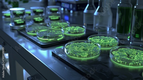 Arranges a scene in a microbiology lab, where cultures growing in petri dishes show fluorescent green results under UV light, indicating groundbreaking discoveries