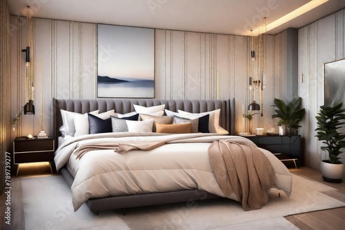 Elegant wood-paneled bedroom with a king-sized bed as the centerpiece, Contemporary bedroom design featuring wood paneling and a large, inviting bed, Sleek modern bedroom with wood accents. © Sunny ART