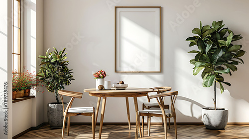 Stylish scandinavian dining room interior with mock up poster frame  wooden table  furniture  cupof coffee  flowers   cement fruits and elegant accessories  Ready to use  Template  Modern home decor