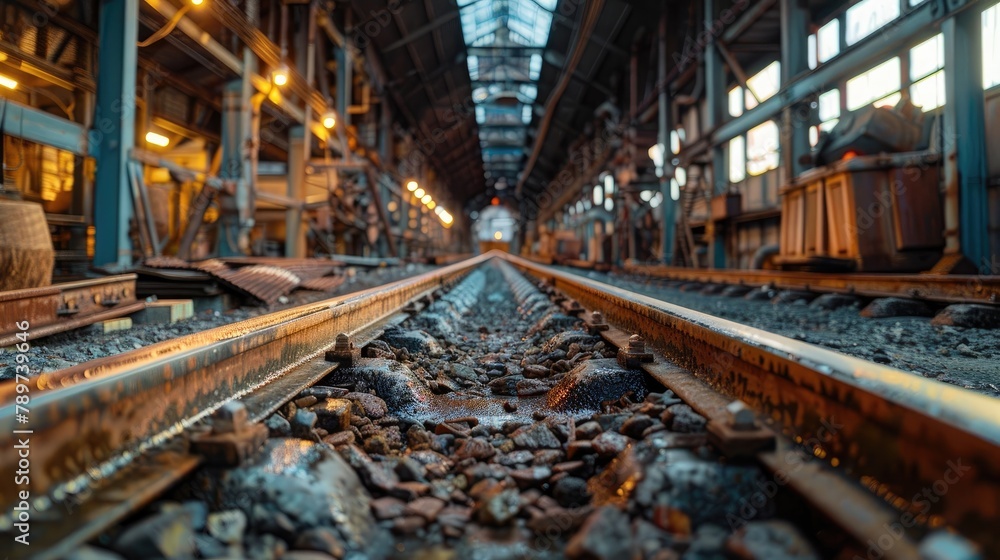Abandoned Minecart on Weathered Railway Tracks in Rustic Industrial Setting with Compelling Perspective and Moody Atmosphere
