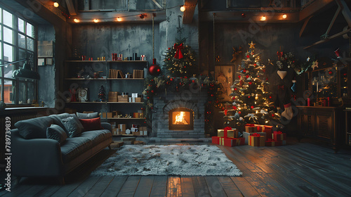 The gray velor sofa in the dark loft room has a bright light from the eternal light and an artificial fireplace, Inner attic with concrete walls and a decorated Christmas tree with gift boxes