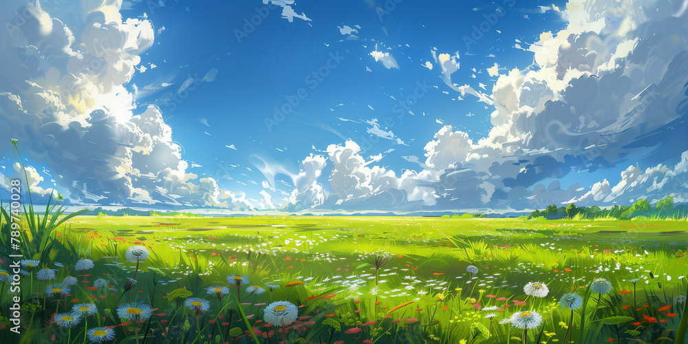 Fototapeta premium With a backdrop of clear blue sky and fluffy clouds, a vibrant landscape unfolds, featuring a meadow filled with fresh grass flowers in full bloom during the spring.