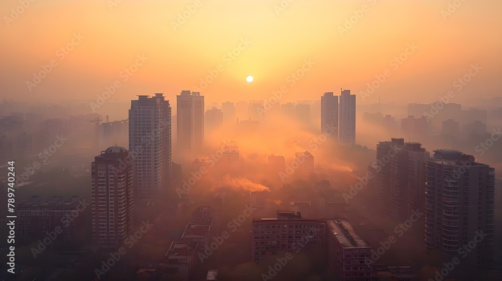 Hazy City Sunrise: The Quiet Choke of PM2.5. Concept Air Quality, Pollution, Urban Environment, Morning Light, Cityscape