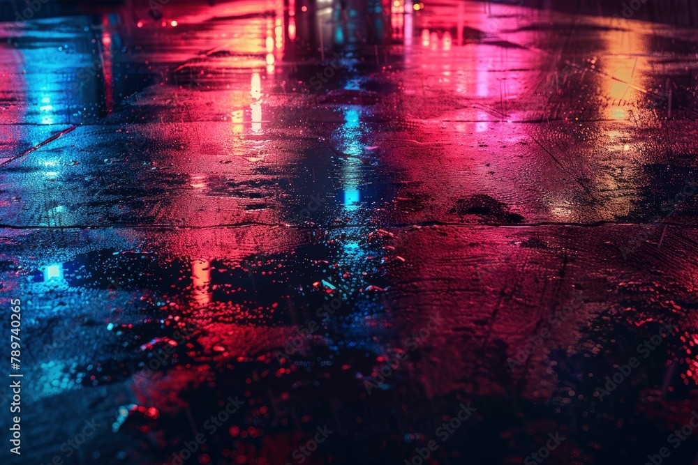 Wet asphalt, night view, neon reflection on the concrete floor. Night empty stage, studio. Dark abstract background. Product Showcase Spotlight Background - generative ai