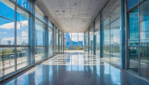 blurred image of a hallway in a city office building with floortoceiling windows  showcasing the reflection of electric blue sky outside