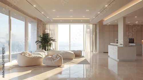 trendy modern interior design of a large studio in white and beige colors with large floor-to-ceiling windows, area of ​​white kitchen with an island and a recreation area © Wardx