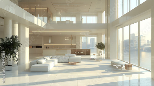 trendy modern interior design of a large studio in white and beige colors with large floor-to-ceiling windows  area of       white kitchen with an island and a recreation area