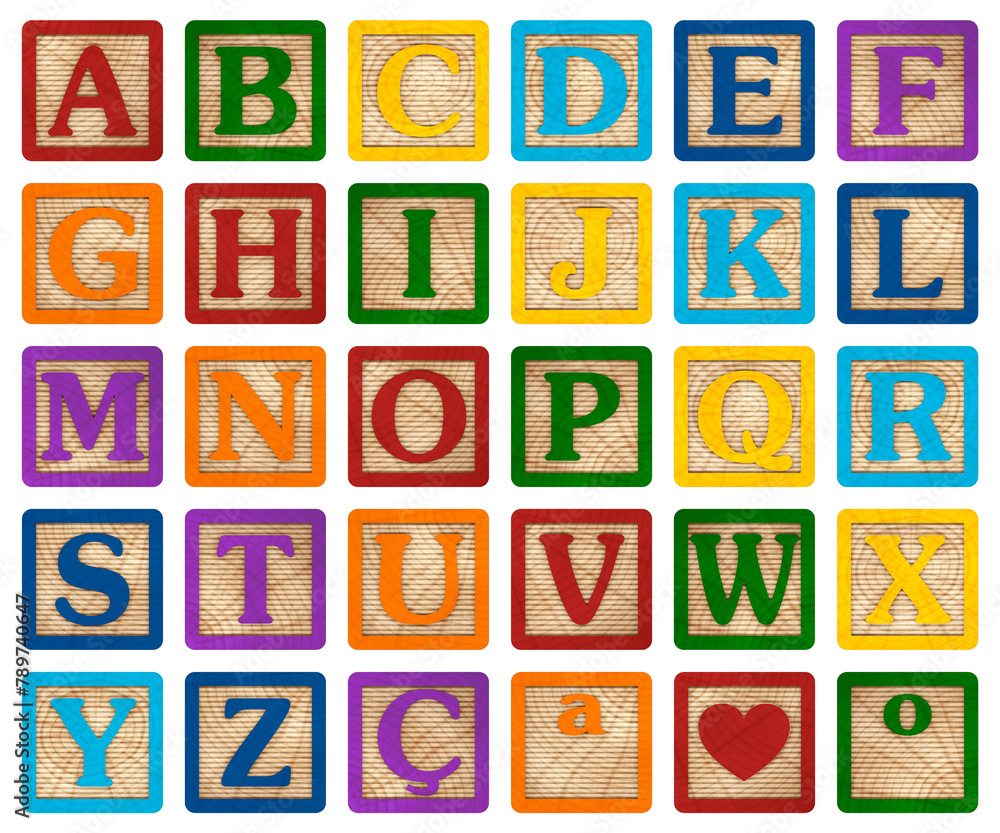 3D render 3D image alphabet in colored wooden blocks with letters for literacy and didactic illustration for schools, children, advertisements and others. Excellent quality.