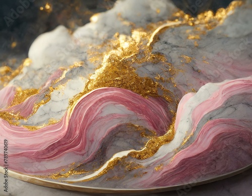 intricate pattern of pink and gold marble, resembling a Cumulus cloud, captured in stunning macro photography. This stunning texture looks like a work of art, perfect for a dish or painting photo