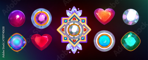 3d jewelry . 3d Diamonds collection. Gem in the form of a circle, heart, rhombus on a dark colorful background for game app design.  Crystal glass element. Eps 10 . Vector