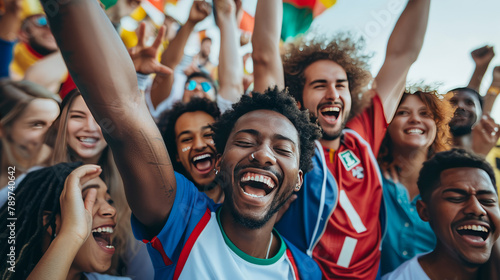 Group of multi-ethnic people celebrating football game photo