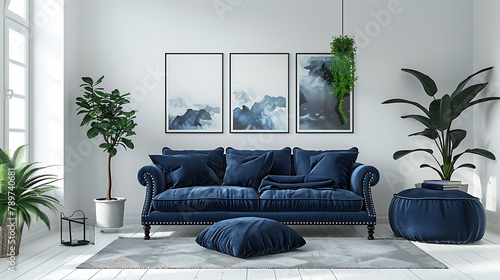White living room wih navy blue armchair, sofa and posters, realistic interior design photography photo
