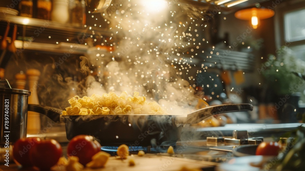 A pan of food being cooked on a stove top with steam coming out. Generative AI. A pan of food being cooked on a stove top with steam coming out. Generative AI.