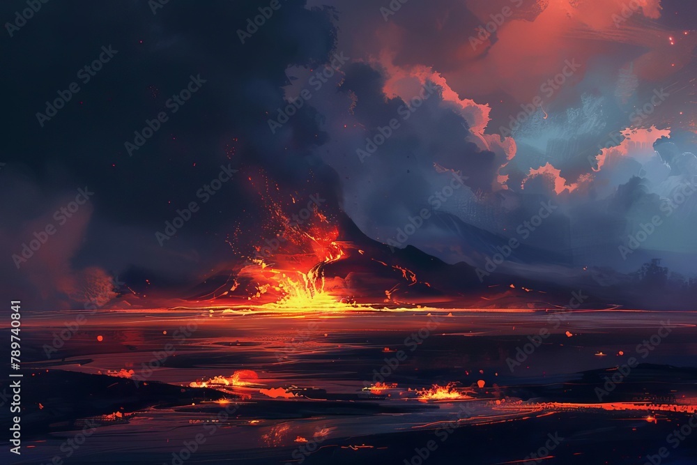 unreal fantasy volcanic eruption landscape with fiery lava and gloomy night sky digital painting