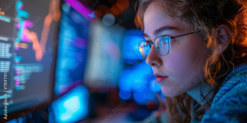 A woman with glasses looking at a computer screen. Generative AI. A woman with glasses looking at a computer screen. Generative AI.