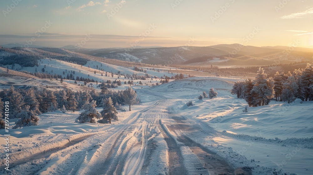 Scenic Winter Wonderland Landscape with Snowy Mountains Forests and Winding Road at Sunset