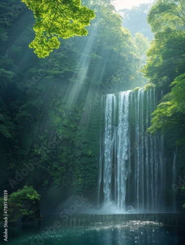 A waterfall in a lush green forest with sunlight streaming through the trees. Generative AI.