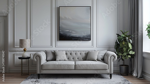 White table on carpet in front of grey settee in apartment interior with painting and lamp, Real photo, realistic interior design photography photo