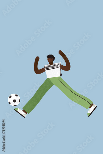 Young african american male in sportswear playing football alone photo