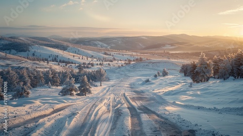 Scenic Winter Wonderland Landscape with Snowy Mountains Forests and Winding Road at Sunset