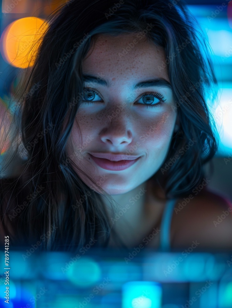 A woman with dark hair looking at the camera in a room. Generative AI. A woman with dark hair looking at the camera in a room. Generative AI.