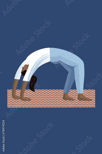 Young woman with ponytail standing in urdhva dhanurasana position photo