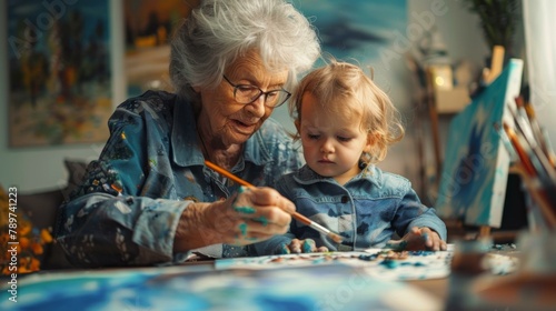 An older woman and a small child painting on paper. Generative AI.